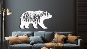 Dřevěný obraz na zeď - Medvěd, rozměr 30x17cm | bílá, černá