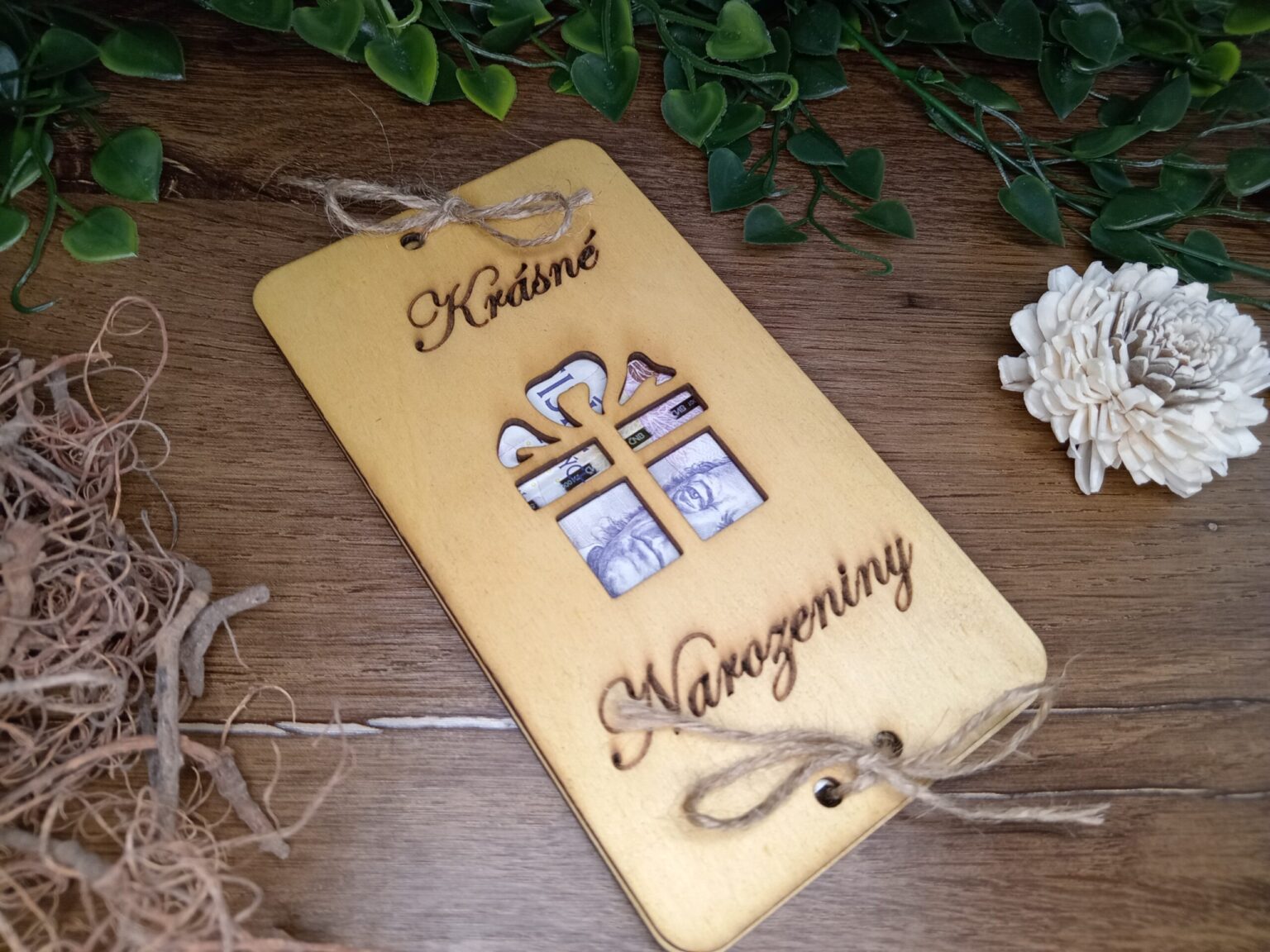 20014 Dřevěné přání na peníze k narozeninám