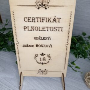 Vtipný dárek k 18. narozeninám - Certifikát plnoletosti s vlastním textem