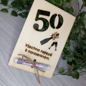 Dárek k 50.narozeninám s vlastním textem.