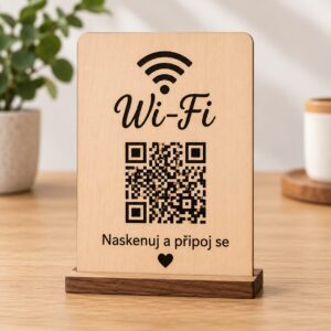 Dřevěná Wi-Fi cedulka s QR kódem