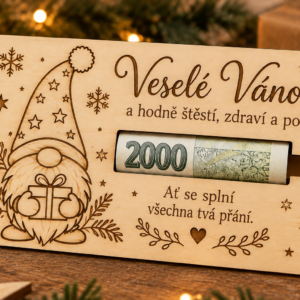 Dřevěné vánoční přání na peníze se skřítkem